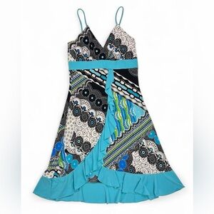 Turquoise & Black Patterned Ruffle Sundress